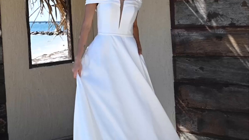 Introducing Patience Rebecca Ingram off the shoulder A line satin Wedding Dress