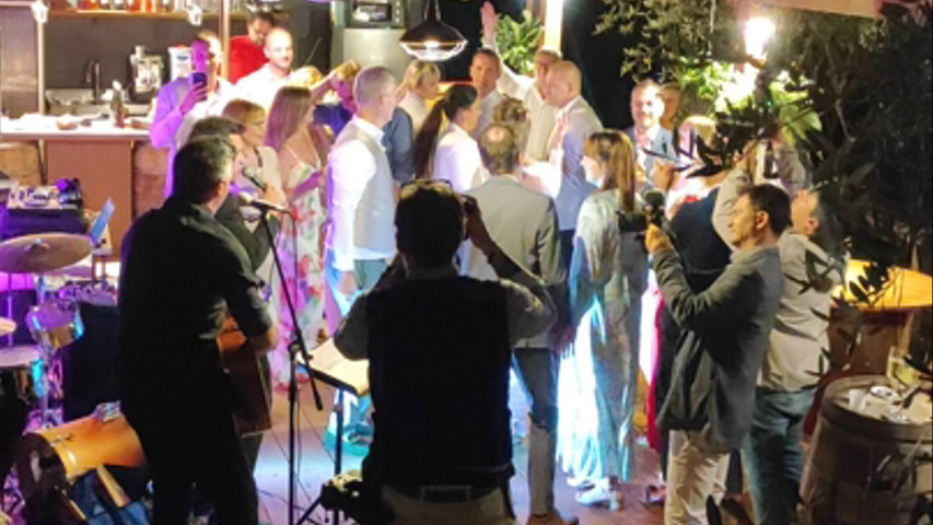 wedding party by the pool bar 