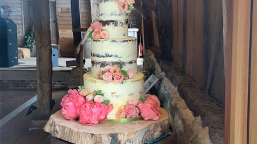 Semi-Naked Wedding Cake at Bowerchalke Barn by Cocoa & Whey Cakes