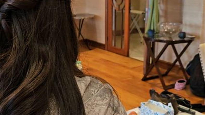 Half-up, half down, twisted hairstyle