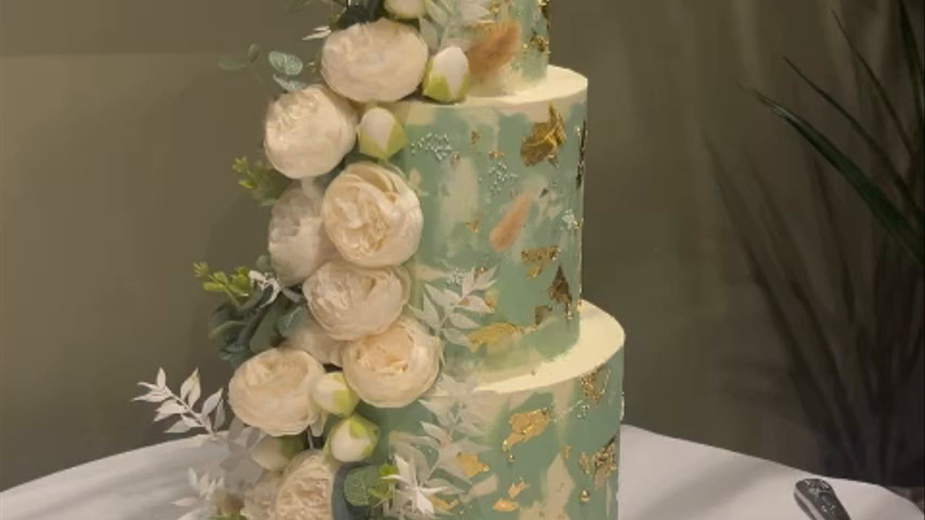 Sage Green, Cream & Gold Textured Wedding Cake