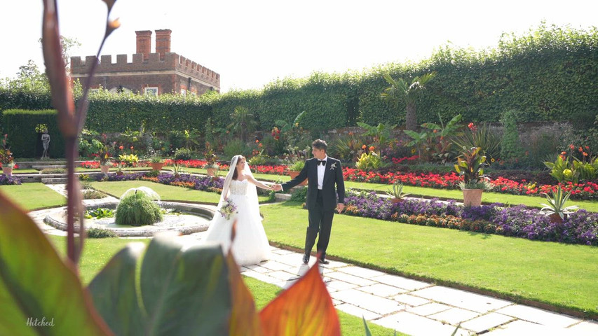 Wedding trailer video of the Bride & Groom walking through the Privy Garden during the day.